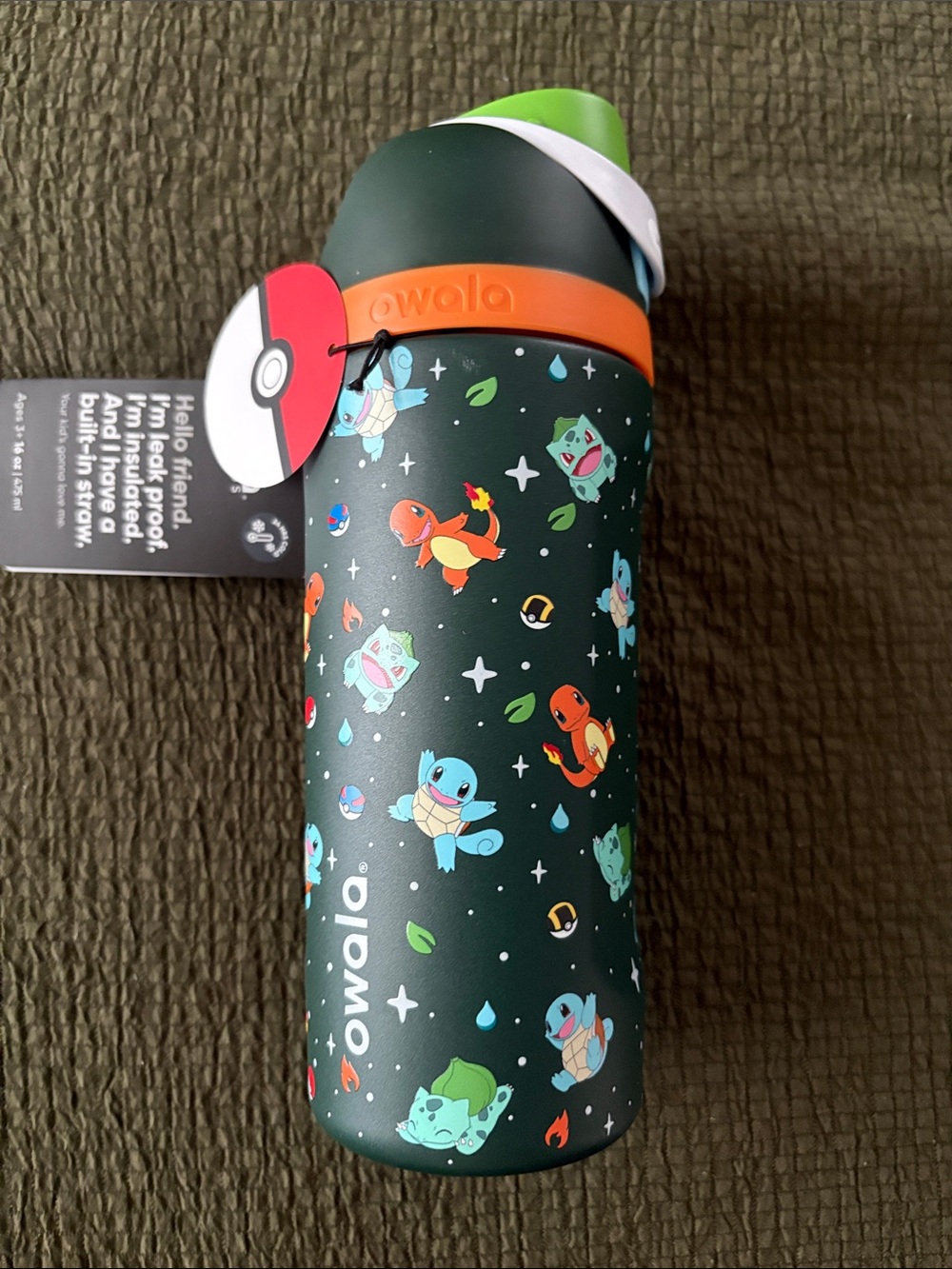 Owala Pokémon Kids Insulated Water Bottle - Dark Green with Orange Accent